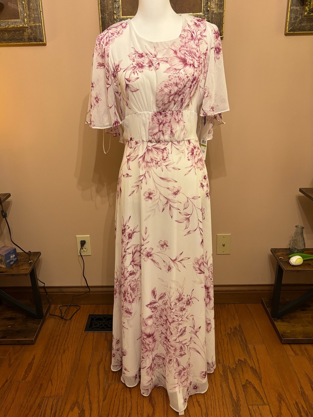 Calvin Klein White Maxi Dress with Plum Floral Print